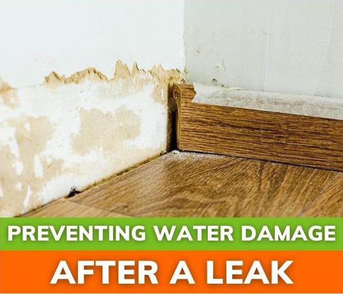 Water damage to walls, floor, baseboards occurred from a leak