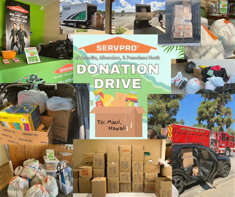 Collage of donation drive photos from beginning to end, including the flyer shared to the community.